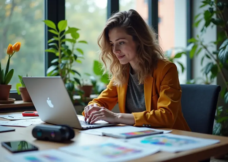 Молодой креативный специалист за рабочим столом с ноутбуком, портфолио, набросками и AR/VR‑устройствами в современном офисе