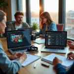 Молодые креативщики за ноутбуками и планшетами в коворкинге на фоне городской панорамы иллюстрируют бесплатное обучение креативным профессиям