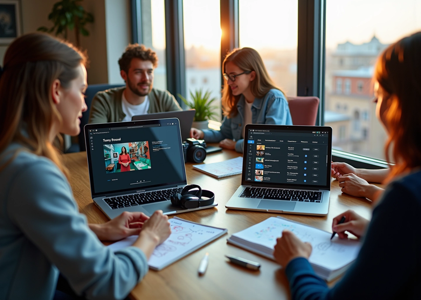 Молодые креативщики за ноутбуками и планшетами в коворкинге на фоне городской панорамы иллюстрируют бесплатное обучение креативным профессиям