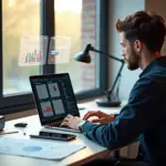 Современный креативный рабочий стол: дизайнер показывает кейс в портфолио на ноутбуке с макетами до/после, графиками и прототипами, на столе AR‑гарнитура, планшет и эскизы