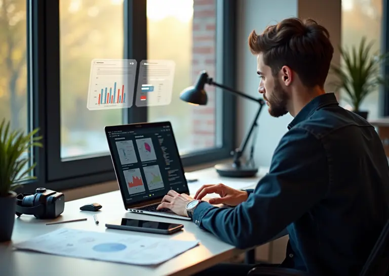 Современный креативный рабочий стол: дизайнер показывает кейс в портфолио на ноутбуке с макетами до/после, графиками и прототипами, на столе AR‑гарнитура, планшет и эскизы