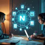 Художник с планшетом и музыкант в наушниках рассматривают голографический NFT на фоне цифровых рамок и схемы блокчейна