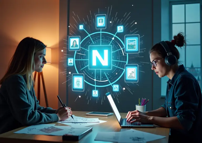 Художник с планшетом и музыкант в наушниках рассматривают голографический NFT на фоне цифровых рамок и схемы блокчейна