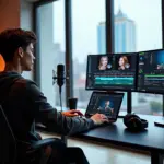 Молодой креатор в студии за ноутбуком и планшетом, на экранах видны сгенерированные нейросетью изображения, видеомонтаж и чат с ИИ; рядом микрофон и наушники, через окно — вид на современный городской пейзаж