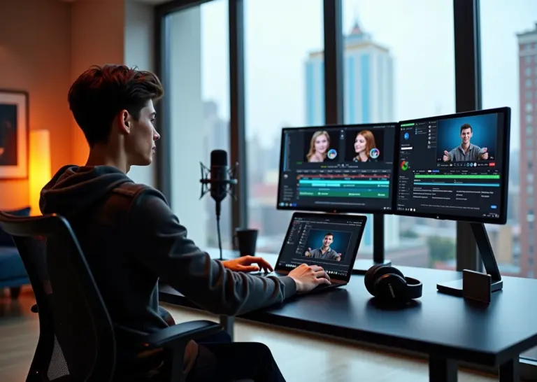 Молодой креатор в студии за ноутбуком и планшетом, на экранах видны сгенерированные нейросетью изображения, видеомонтаж и чат с ИИ; рядом микрофон и наушники, через окно — вид на современный городской пейзаж