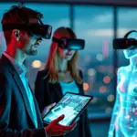 Команда в студии смешанной реальности: специалист в AR/VR очках работает с 3D‑моделью виртуального шоурума и цифровым манекеном в виртуальной одежде