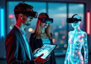 Команда в студии смешанной реальности: специалист в AR/VR очках работает с 3D‑моделью виртуального шоурума и цифровым манекеном в виртуальной одежде