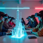 Креативные специалисты работают над проектом в метавселенной с использованием VR-гарнитур и голограмм.