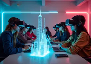 Креативные специалисты работают над проектом в метавселенной с использованием VR-гарнитур и голограмм.