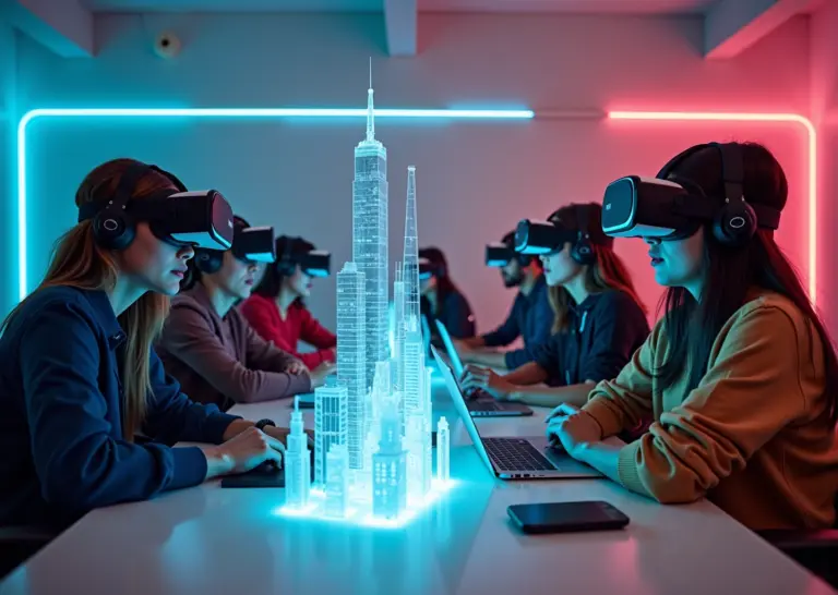 Креативные специалисты работают над проектом в метавселенной с использованием VR-гарнитур и голограмм.