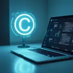Рабочий стол креативного специалиста с ноутбуком, на экране которого виден дизайн-проект, а над ним светится голографический символ авторского права ©, символизирующий защиту интеллектуальной собственности.