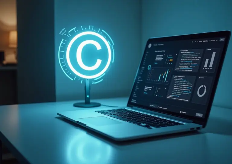 Рабочий стол креативного специалиста с ноутбуком, на экране которого виден дизайн-проект, а над ним светится голографический символ авторского права ©, символизирующий защиту интеллектуальной собственности.