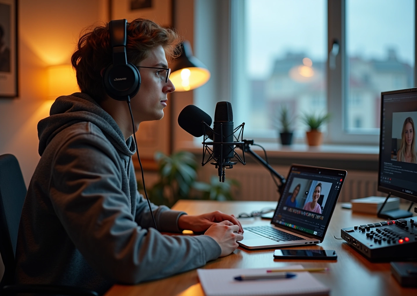 Молодой продюсер подкастов в современной мини‑студии за микрофоном и ноутбуком с аудиоволнами на экране