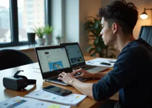 Молодой креативный специалист за ноутбуком с открытыми страницами Behance Dribbble и GitHub, рядом AR‑гарнитура и скетчи — визуал для статьи про портфолио 2026