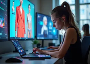 Современный креативщик создает цифровую одежду и XR‑интерфейс с помощью генеративного ИИ в рабочем пространстве