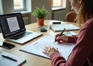 Креативный фрилансер за рабочим столом с открытым договором на ноутбуке, планшетом и скетчбуком