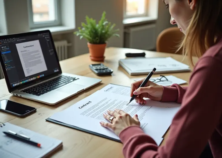 Креативный фрилансер за рабочим столом с открытым договором на ноутбуке, планшетом и скетчбуком