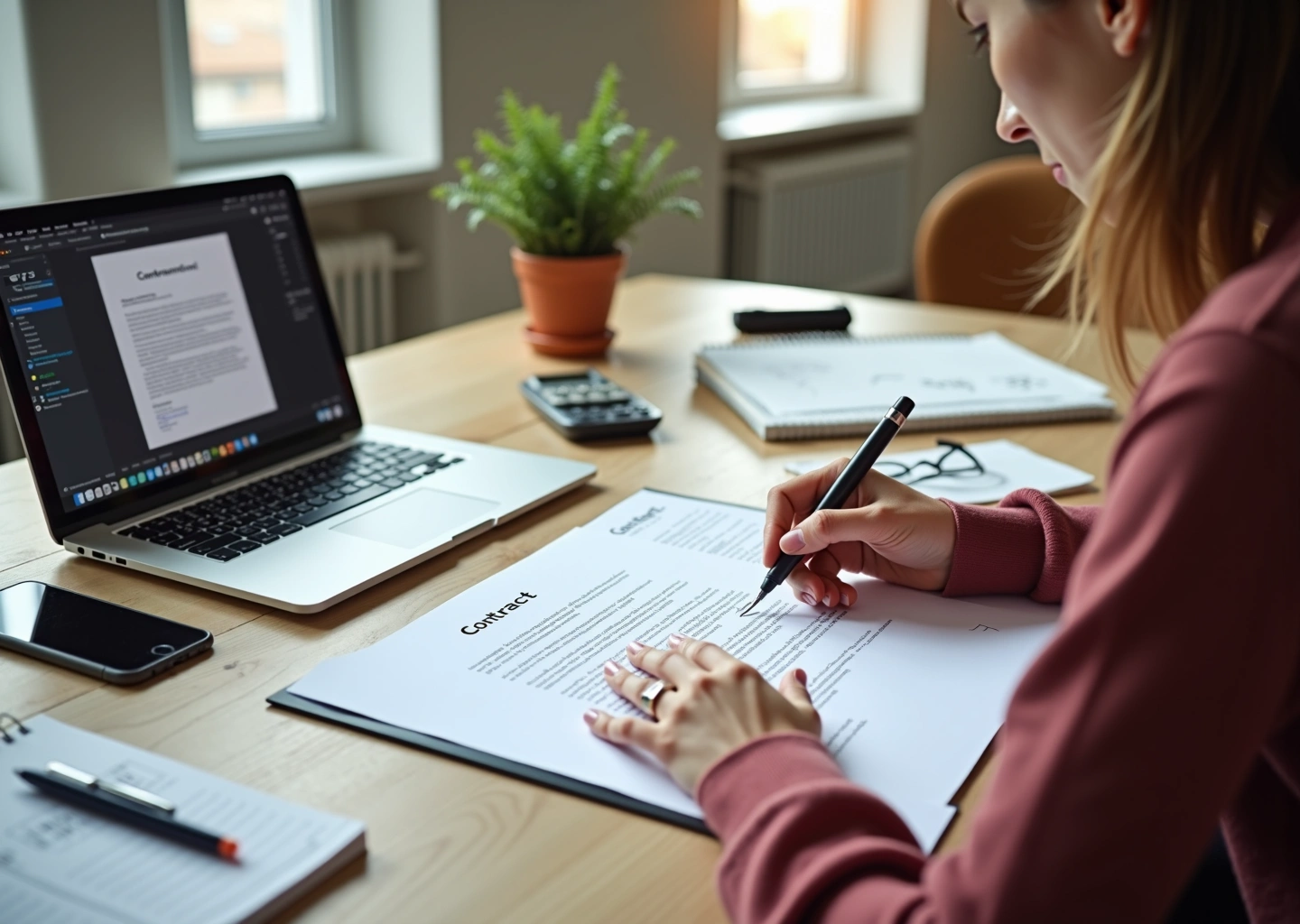 Креативный фрилансер за рабочим столом с открытым договором на ноутбуке, планшетом и скетчбуком