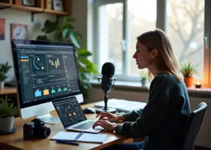 Креативный автор обучающего курса за ноутбуком в студии с камерой и заметками, демонстрирующий структуру онлайн‑курса