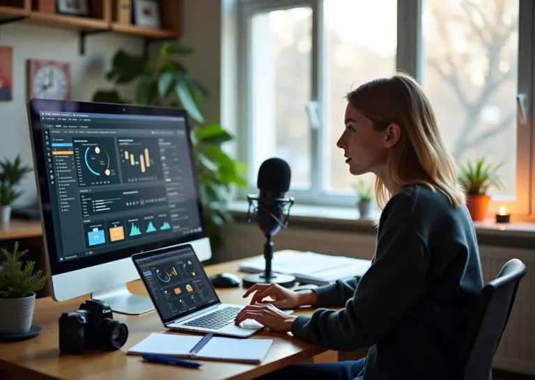 Креативный автор обучающего курса за ноутбуком в студии с камерой и заметками, демонстрирующий структуру онлайн‑курса