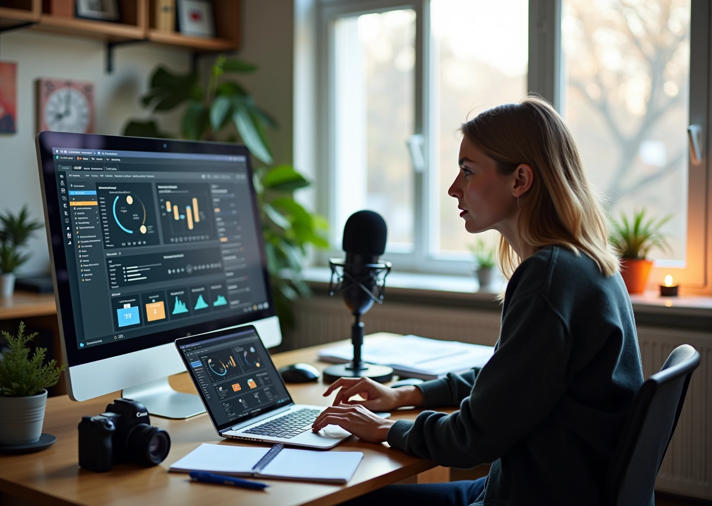 Креативный автор обучающего курса за ноутбуком в студии с камерой и заметками, демонстрирующий структуру онлайн‑курса