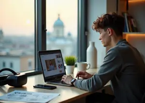 Молодой специалист за ноутбуком с открытими курсом, планшет с мудбордом и AR‑гарнитура на столе — символы выбора онлайн‑курса по креативной специальности