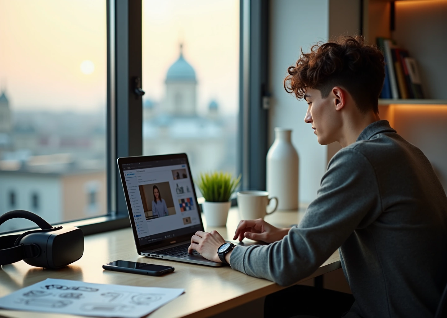 Молодой специалист за ноутбуком с открытими курсом, планшет с мудбордом и AR‑гарнитура на столе — символы выбора онлайн‑курса по креативной специальности