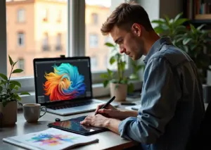 Современная творческая студия: художник работает на графическом планшете с пером, рядом ноутбук и iPad с эскизами, на столе цветовые образцы и блокнот с надписями на кириллице