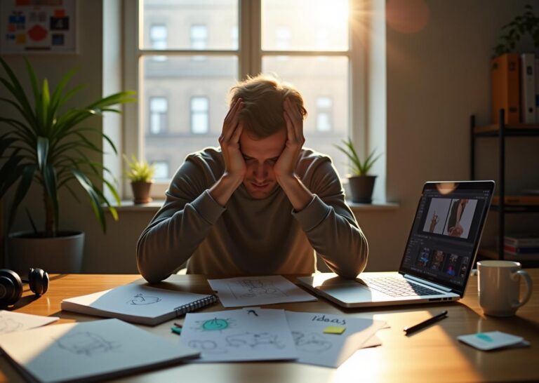 Молодой креативный специалист за столом в студии с признаками усталости и элементами творчества