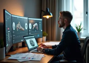 Креатор за столом с ноутбуком где видна 3D модель и превью пресетов на экране и элементы упаковки цифрового продукта