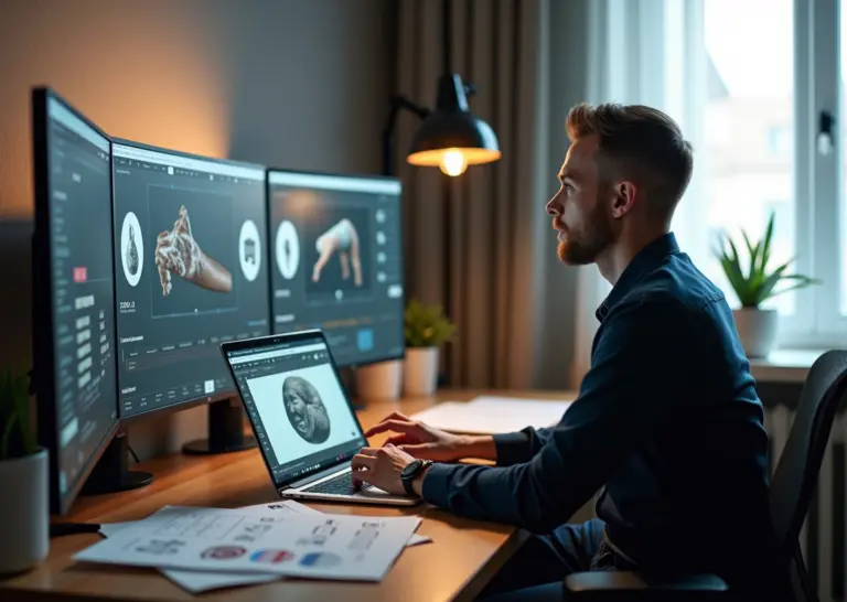 Креатор за столом с ноутбуком где видна 3D модель и превью пресетов на экране и элементы упаковки цифрового продукта