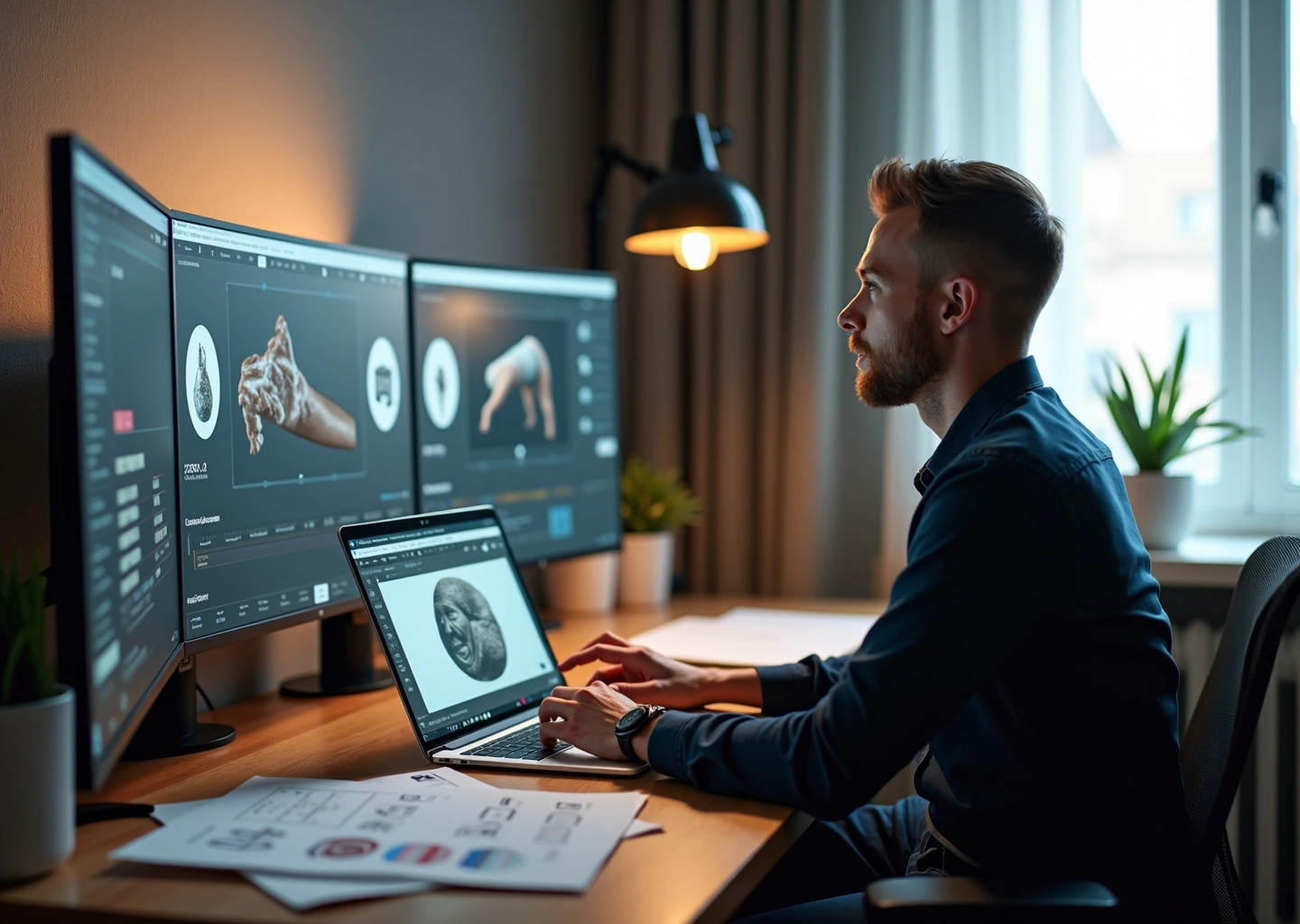 Креатор за столом с ноутбуком где видна 3D модель и превью пресетов на экране и элементы упаковки цифрового продукта