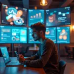 Молодой создатель контента за ноутбуком в коворкинге, вокруг экраны с лентами платформ, элементы AR/VR и аналитика