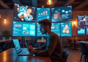 Молодой создатель контента за ноутбуком в коворкинге, вокруг экраны с лентами платформ, элементы AR/VR и аналитика